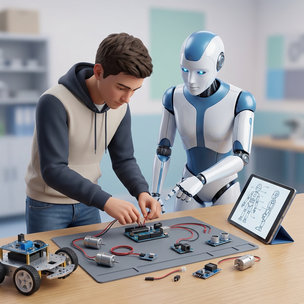 Student building robot with mentor